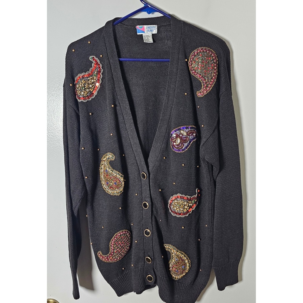 Lindsey Blake Vintage Beaded Paisley Cardigan Sweater Black Ramie Cotton Size M